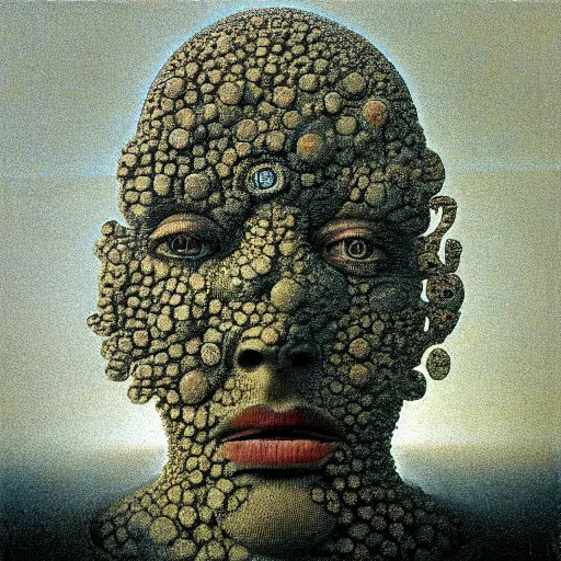 Prompt: a man made of Mandelbrot fractals, his eyes are portals to the sierpinski triangle dimension, zdzslaw beksinski