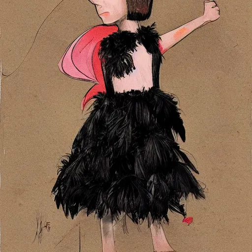 Image similar to little girl wearing an dress made of black feathers, art by ilya kushinov