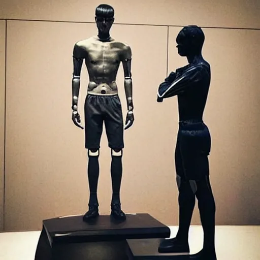 Image similar to “ a realistic detailed photo of a guy who is an attractive humanoid who is half robot and half humanoid, who is a male android, soccer player antoine griezmann, shiny skin, posing like a statue, blank stare, at the museum, on display ”