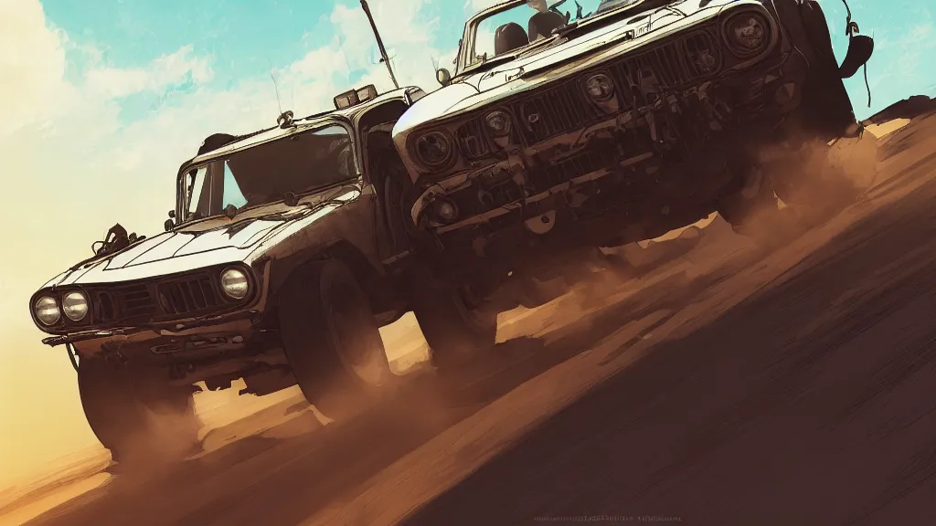 Prompt: digital illustration of mad max's fj 4 0 pursuit special, the last v 8 interceptor driving down to the gates of valhalla highway in the middle of the day, anime style, year 2 0 9 3, by makoto shinkai, ilya kuvshinov, lois van baarle, rossdraws, basquiat, studio ghibli