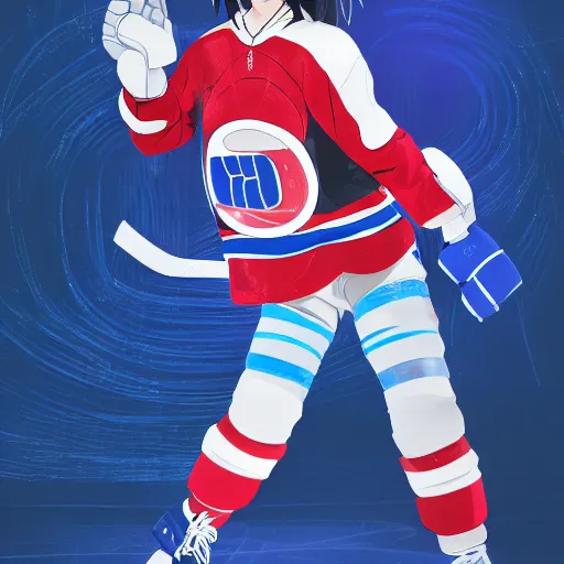 Image similar to cute anime girl ice hockey player, wearing a light futuristic habs jersey, blue white and red color blocking, character concept exploration, akira, ghost in the shell, outfit designs, trending on artstation, photorealistic, 8k