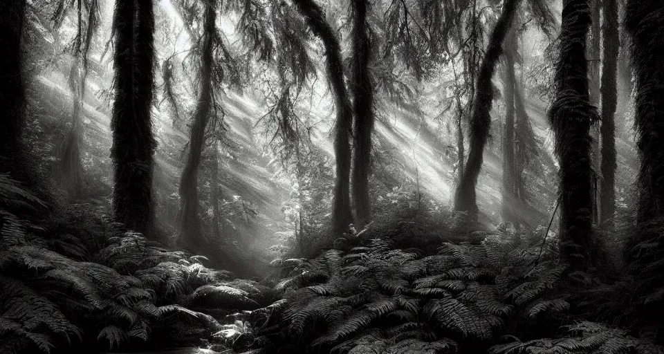 Image similar to deep inside the forest, stream, dramatic lighting, chiaroscuro, moss, ferns, epic, award winning photo by ansel adams, masterpiece, artstation