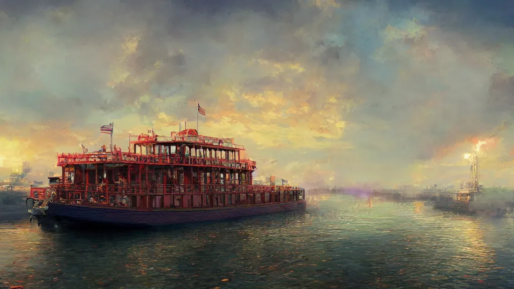 Image similar to a colorful steamboat on the mississippi, by yuumei, bayard wu, wlop, tim white, ross tran, 4 k