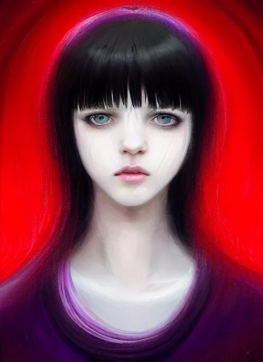 Image similar to hair whitebangs hair, black hair, whitebangs, portrait of teenage girl with white bangs, red irises, purple clothes, white bangs, bangs are different color from hair, intricate, elegant, glowing lights, highly detailed, digital painting, artstation, concept art, smooth, sharp focus, illustration, art by wlop, mars ravelo and greg rutkowski