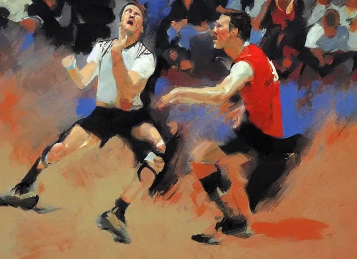 Image similar to a highly detailed beautiful portrait of elon musk playing voleyball, by gregory manchess, james gurney, james jean