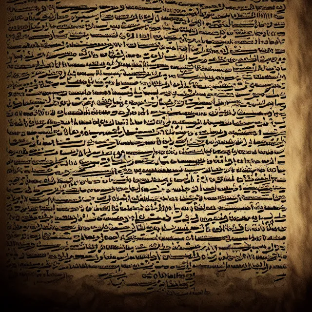 Image similar to ultra - realistic disconcerting photo of a partially damaged dead sea scroll with nabeatean aramaic in sideways columns, dark, brooding, volume lighting, atmospheric lighting, painted, intricate, ultra detailed, well composed, best on artstation, cgsociety, epic, stunning, gorgeous, intricate detail, wow, masterpiece