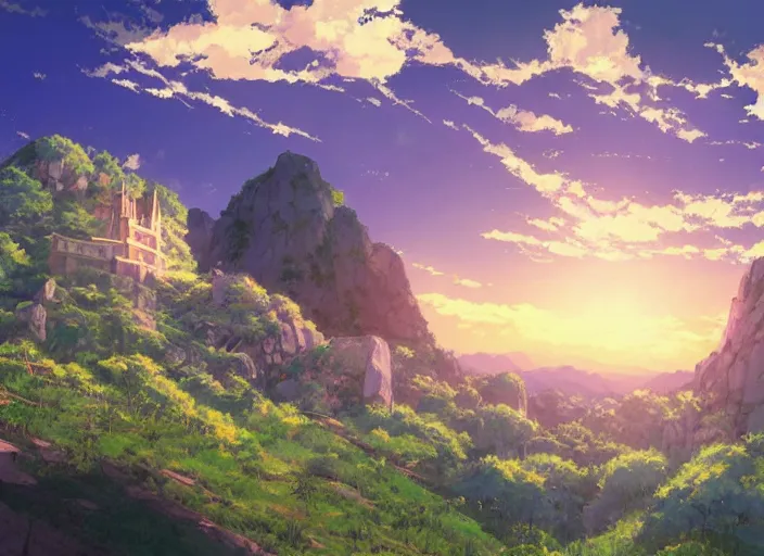 Image similar to A majestic cathedral in sunlight at the base of a mountain, peaceful and serene, incredible perspective, soft lighting, anime scenery by Makoto Shinkai and studio ghibli, very detailed