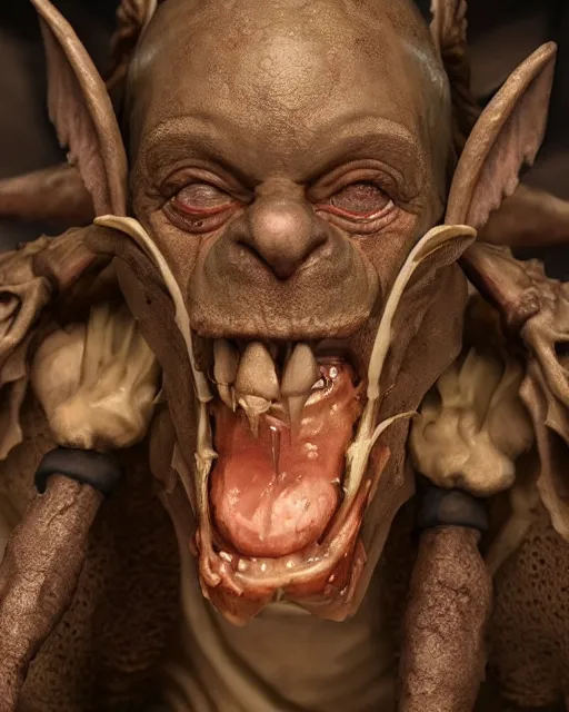 Image similar to highly detailed bosch closeup, face profile portrait of a medieval goblin eating cakes in the cathedral, depth of field, fashion photoshoot by hyung tae, frank frazetta, bosch, giger, breathtaking, detailed and intricate environment, 8 k resolution, hyperrealistic, octane render