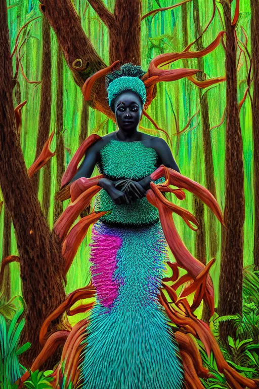 Prompt: hyperrealistic post - maximalist masterpiece super expressive! yoruba goddess with pink exoskeleton armor, merging with tree in a forest, highly detailed digital art cinematic, smooth cam de leon eric zener dramatic pearlescent soft teal light, ground angle hd 8 k, sharp focus