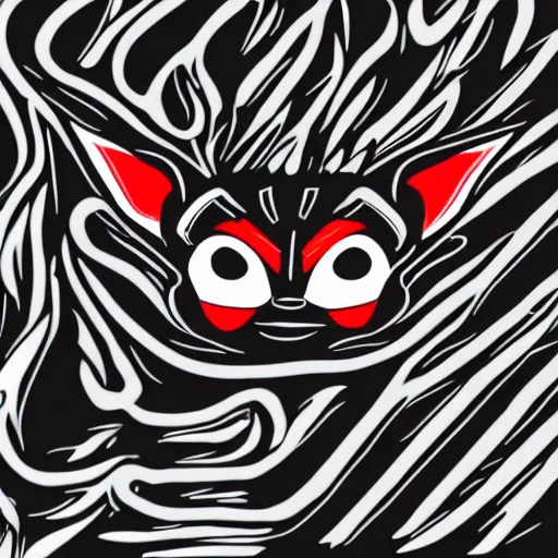 Image similar to abstract logo drawing of black and red baby yoda with black background, high contrast, 4k