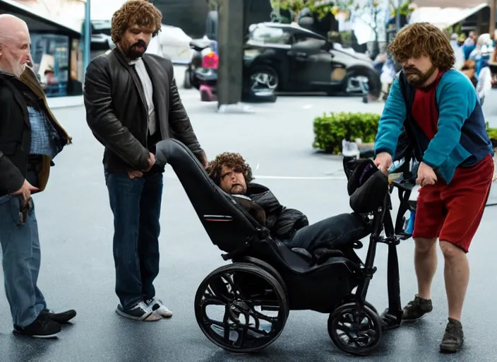 Image similar to peter dinklage tikes cozy coupe, movie still, from the new the wrestler movie, 8 k, realistic