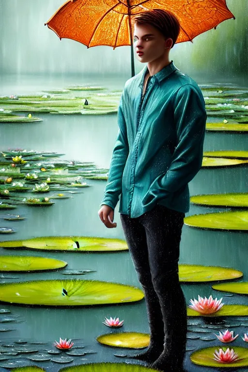 Image similar to light teal portrait of a young man in the rain on pond with waterlilies, fantasy, intricate, elegant, dramatic lighting, emotionally evoking symbolic metaphor, highly detailed, lifelike, photorealistic, digital painting, artstation, concept art, smooth, sharp focus, illustration, art by John Collier and Albert Aublet and Krenz Cushart and Artem Demura and Alphonse Mucha