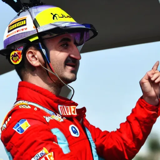 Image similar to Robert Kubica in a colorful helicopter hat with a little rotor on top