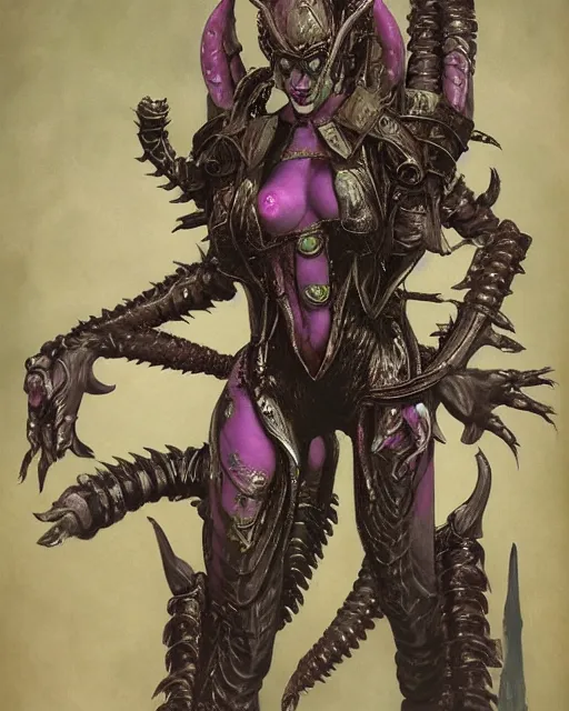 Image similar to portrait of a beautiful savage slaanesh creature female warhammer 4 0 k, wearing futuristic armor with spines horns mechanical parts, by norman rockwell