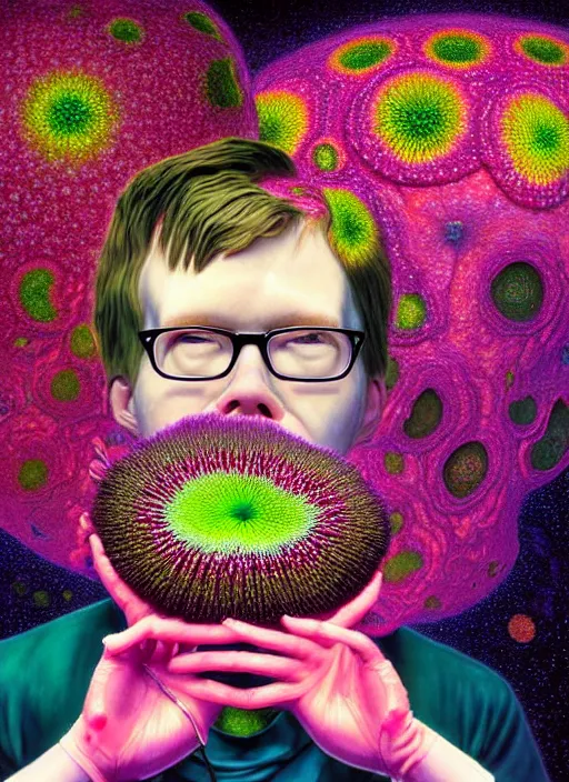 Prompt: hyper detailed 3d render like a Oil painting - kawaii portrait of Hank Green in Aurora (Singer) seen Eating of the Strangling network of yellowcake aerochrome and milky Fruit and Her delicate Hands hold of gossamer polyp blossoms bring iridescent fungal flowers whose spores black the foolish stars by Jacek Yerka, Mariusz Lewandowski, Houdini algorithmic generative render, Abstract brush strokes, Masterpiece, Edward Hopper and James Gilleard, Zdzislaw Beksinski, Wolfgang Lettl, hints of Yayoi Kasuma, octane render, 8k