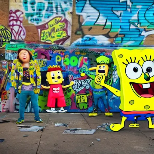 Image similar to Plastic SpongeBob and Sandy rapping, wearing rap outfits and bandanas, standing on the street, surrounded by a crowd of plastic fishes, wide angle shot, HDR, 4k, photoshop, patchwork, the earth is quaking under their feet from the music which cracks the ground, shockwaves are coming out, graffiti in the background, details faces, visible eyes, unreal engine