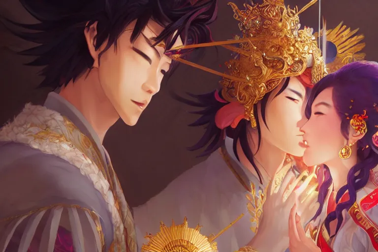 Image similar to close up moment of a divine a japan sun god and a moon goddess lovers magician at a wedding banquet, highly detailed, d & d, fantasy, 4 k realistic, digital painting, trending on artstation, concept art, sharp focus, illustration, art by makoto shinkai and akihiko yoshida and daniel gerhartz