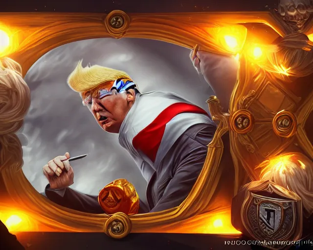Image similar to photography of donald trump!!!!, deep focus, d & d, fantasy, intricate, elegant, highly detailed, digital painting, artstation, concept art, matte, sharp focus, illustration, hearthstone