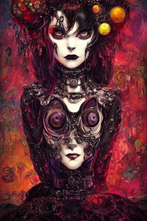 Image similar to Gothic girl face, 60s kitsch and psychedelia, dark background. digital art. amazing quality. perfect lighting. Professional design. Great composition. by Ayami Kojima and Tomoyuki Yamasaki and Tsutomu Nihei, octane render, award winning art. impressive colors. trending on artstation. James Ensor style