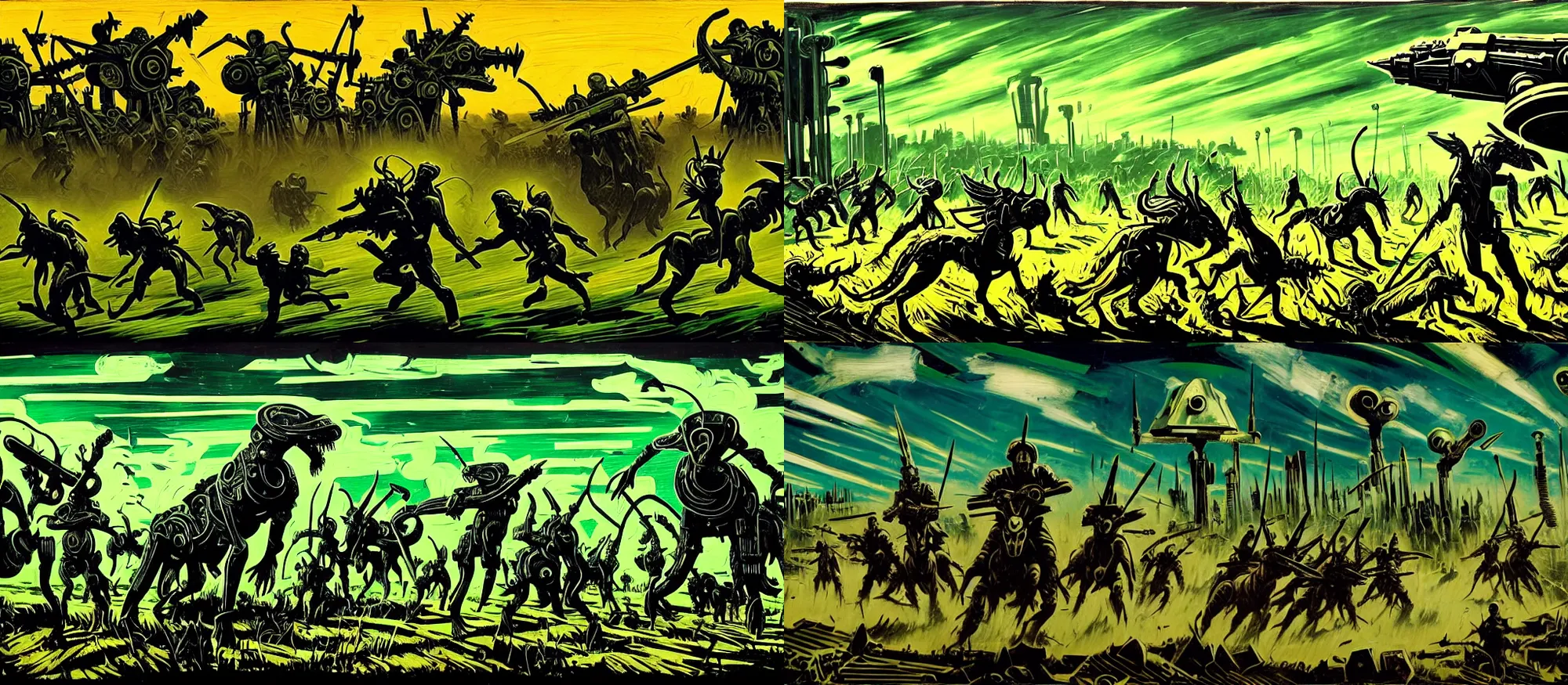 Prompt: battle scene, tribal aliens riding giant green dogs fighting industrial aliens utilizing war machines, art nouveau style, brutalist, woodcut, inks, dramatic lighting, grassy valley, action scene, palette knife, frenetic brushwork, chiaroscuro, figurative art, detailed, proportions, spatter, dust, atmospheric, infantry, volumetric lighting