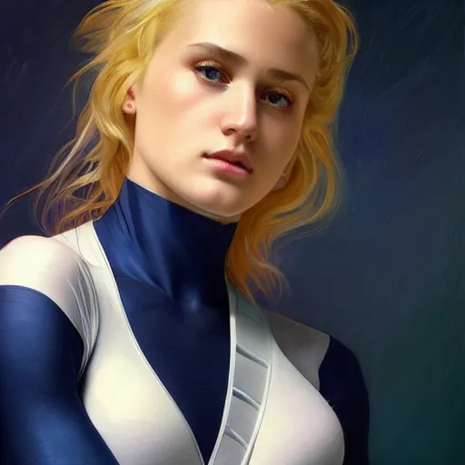 Image similar to a beautiful portrait of a beautiful cute young superhero girl, shoulder - length blonde hair, tight solid matte navy blue lycra bodysuit, white cape, buff, body, muscular, intricate, elegant, 8 k, highly detailed, digital painting, concept art, smooth, sharp focus, illustration, by artgerm greg rutkowski alphonse mucha loish wlop