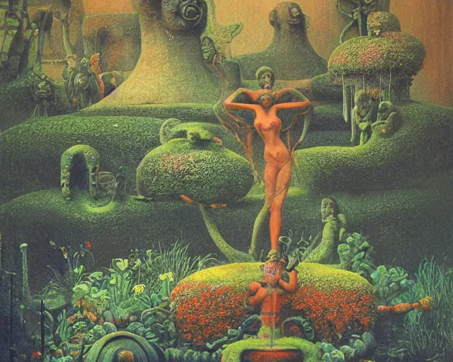 Prompt: strange weird pagan luscious garden with amazing little altars and japanese plants with a gigantic statue fountain of an ancient god stretching its arms above the garden by beksinski, digital art, oil painting, colorful, artstation, australian tonalism escher, minimalist, very clear, no blur, serene