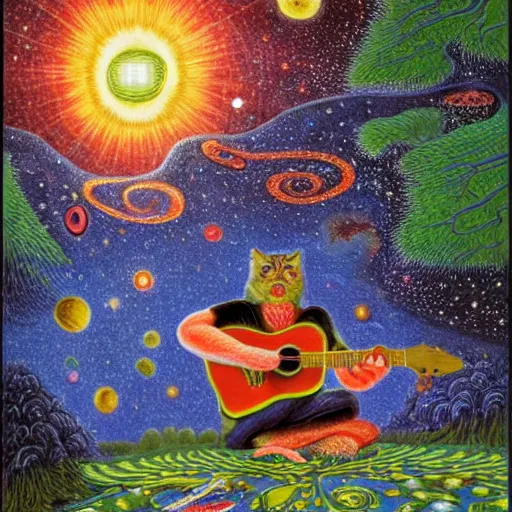 Image similar to morning in the middle of the day in the lush forest, guitar, milky way, designed by moebius, rob gonsalves, gustav dore, giuseppe arcimboldo and carl barks, louis wain, trending on artstation, canada, star, sharp focus, colorful refracted sparkles and lines, soft light, 8 k 4 k