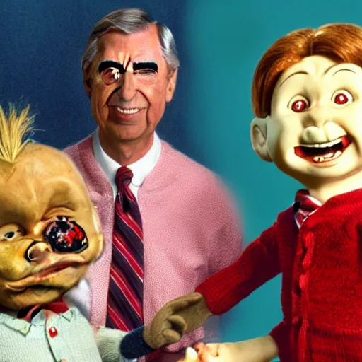Prompt: photorealistic Mr. Rogers holding the Chucky doll from the movie Child's Play