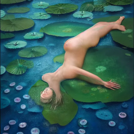Prompt: A woman submerged underwater, you can only see her face from an aerial view with lily pads surrounding her as her hand reaches out to you, artistic digital art, very opaque, gloomy style, oil paints and pastel highlights, trending on artstation, artstationHD, artstationHQ, 4k, 8k