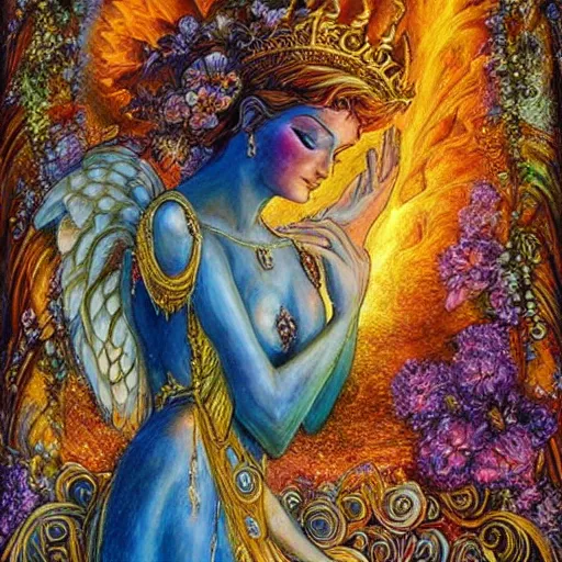 Prompt: goddess by josephine wall, checking her phone, sitting on flying golden ram, erupting volcano in distance, flowers in foreground, sunset, stars in sky, fantasy