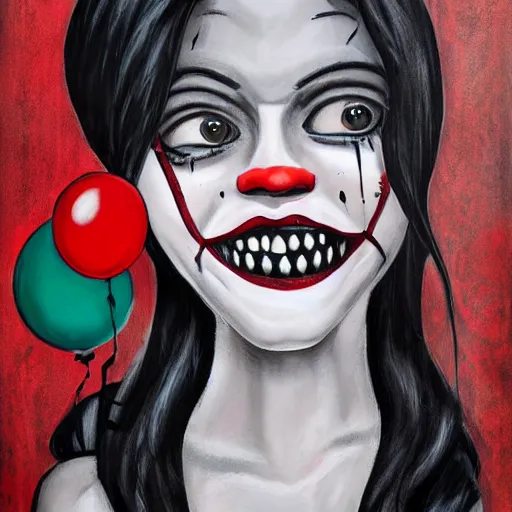 Image similar to grunge cartoon painting of kylie jenner with a wide smile and a red balloon by chris leib, loony toons style, pennywise style, corpse bride style, horror theme, detailed, elegant, intricate