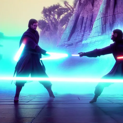 Image similar to Jedi duelling, 4k, cinematic, realistic, vaporwave