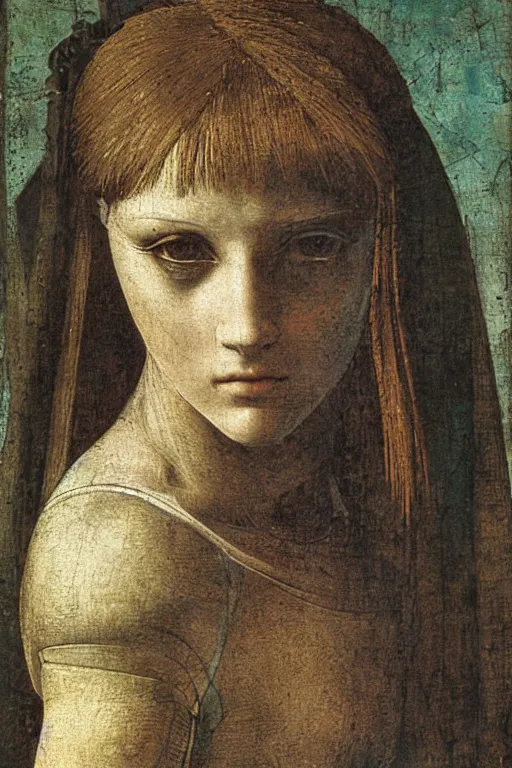 Image similar to a close - up portrait of a cyberpunk cyborg girl, by leonardo davinci, rule of thirds