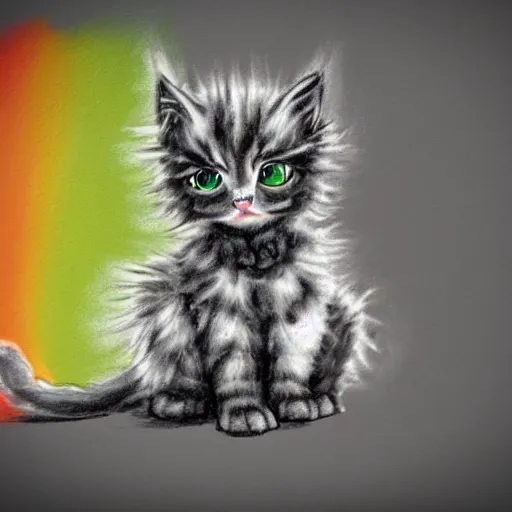 Image similar to wide angle full body, of a fluffy cute rainbow kitten wearing a black leather motorcycle jacket, concept art