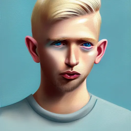 Image similar to thin blond man with blond hair long on top short down the sides, blond beard, small chin, thin nose, thin lips, english heritage, small blue eyes, small ears, pale skin, narrow face, digital art, painterly, cartoon, cute, 8k, illustration, art by loish, painterly, trending on artstation, medium shot, uncropped