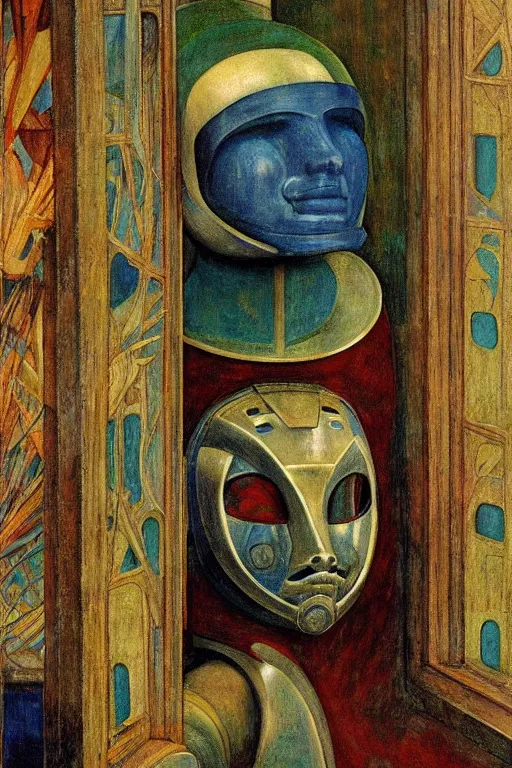 Image similar to the queen in her robot mask stands by the window at midnight , by Annie Swynnerton and Diego Rivera and Elihu Vedder, symbolist, dramatic lighting, elaborate geometric ornament, Art Brut, soft blues and greens,smooth, sharp focus, extremely detailed, Adolf Wölfli and Evelyn De Morgan