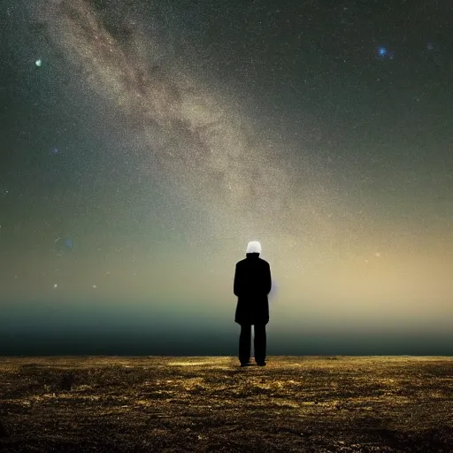 Image similar to 4K ultra HD detailed award-winning wallpaper silhouette of lonely man standing looking at Earth from far away huge vast sky universe