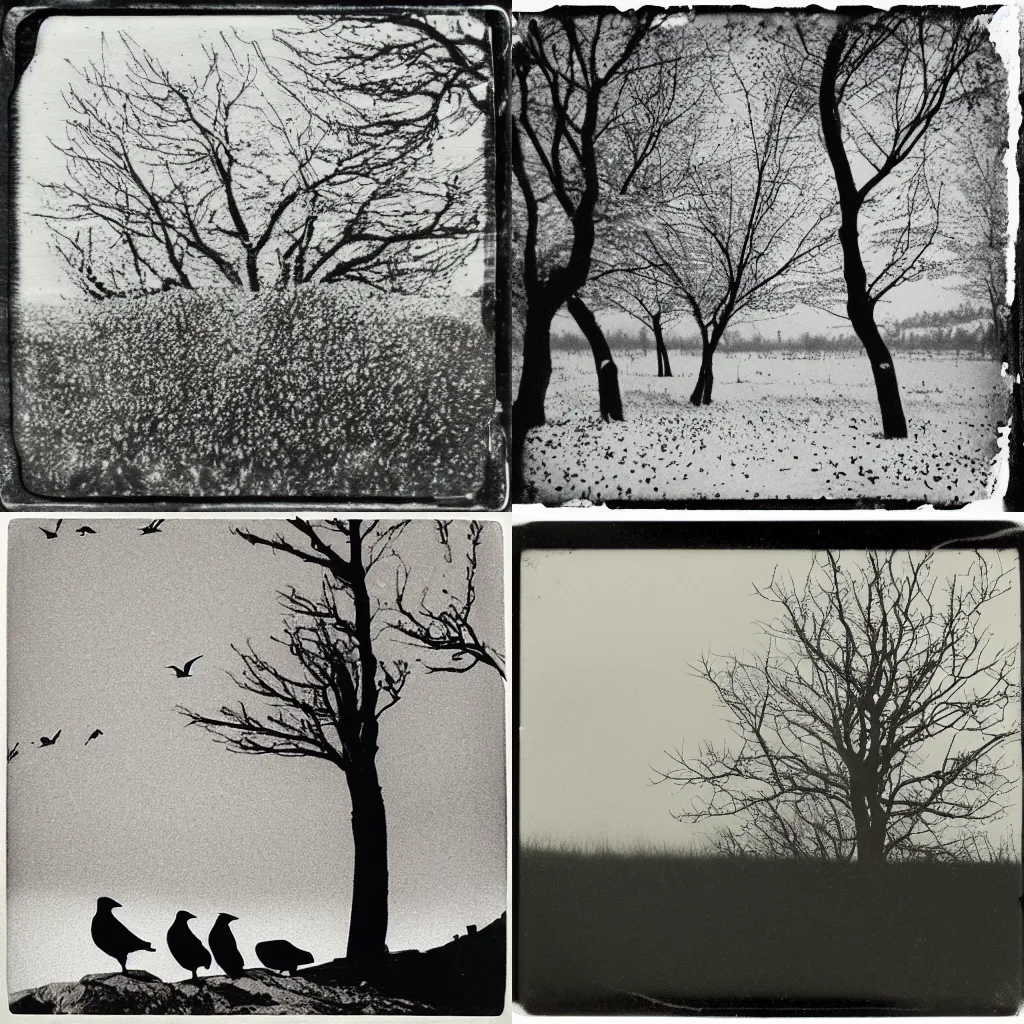 Prompt: liminal space, many crows sitting in a black tree on a hill, white forest, black and white polaroid, yellowed