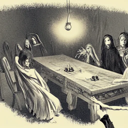 Image similar to a Victorian seance around a wooden table with crystal ball and ectoplasm and spirit manifestations, concept art, very detailed, 8K, horror, spooky, gothic, trending on artstation