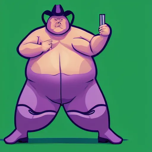 Image similar to hyperreal morbidly obese 2000kilo snake oil salesman wearing authentic purple green sip tech cowboy augmentation and curly snake moustache, fat man standing in front of blank background