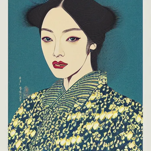 Image similar to “ amanda seyfried portrait by ikenaga yasunari and ayana otake and ko rakusui, 6 0 s poster, drawing, realistic, sharp focus, japanese, dreamy, nostalgia, faded, golden hues, floral clothes ”