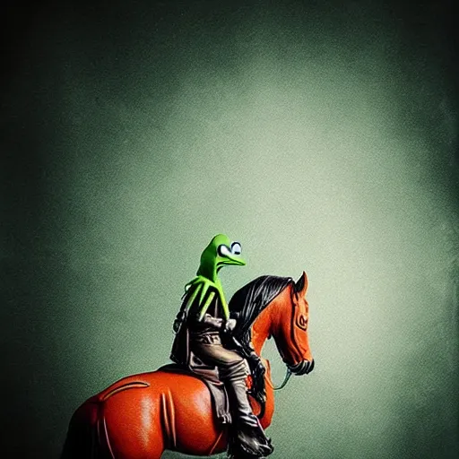 Prompt: kermit the frog on a translucent horse, ghost rider, polaroid photography in style of andrey tarkovski, ominous, mystical, sublime