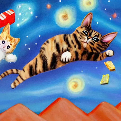 Image similar to painting of cat with pop tart body flying through space, pop tart cat