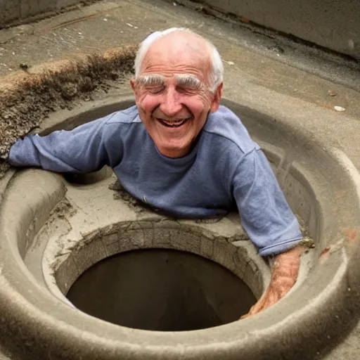 Prompt: a smiling old man in a sewer