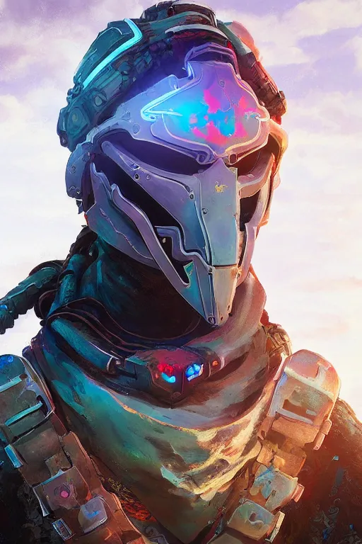 Image similar to combination suit armor aloy horizon forbidden west horizon zero dawn radiating a glowing aura global illumination ray tracing hdr fanart arstation by ian pesty and alena aenami artworks in 4 k tribal robot ninja mask helmet backpack