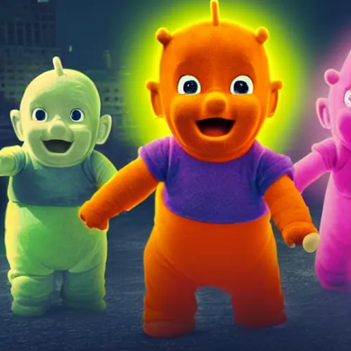 Image similar to teletubbies as bank robbers in new york city, 4k, high detail, high-resolution photograph, professional photography, ultra-detail