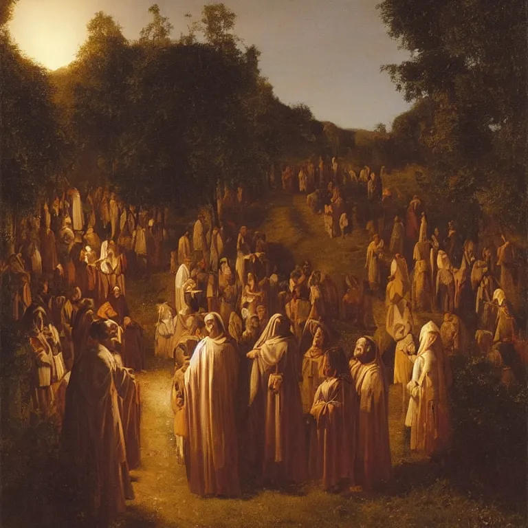 Prompt: A Holy Week procession of souls in a lush Spanish landscape at night. A figure at the front holds a cross. Petrus van Schendel.