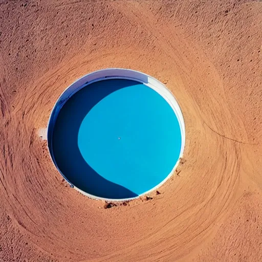 Prompt: a circular Non-Euclidean clay building sitting in the desert, vintage photo, beautiful cinematography, blue sky, film grain, aerial view, extreme wide shot, far away, symmetrical, in the distance, James Turrell