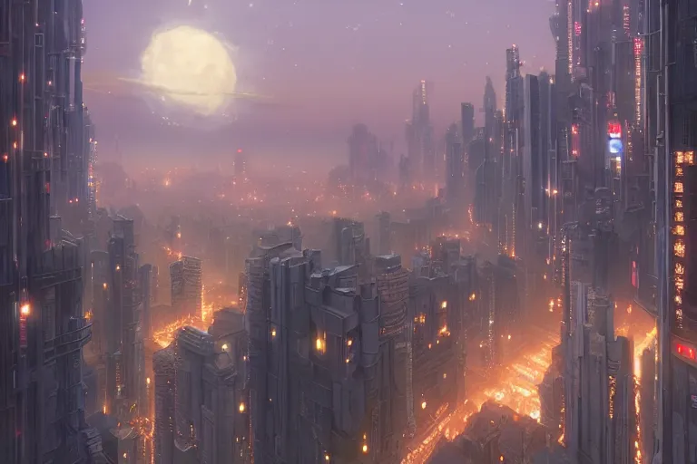 Image similar to a highly detailed matte painting of a city under moon and stars by studio ghibli, makoto shinkai, by artgerm, by wlop, by greg rutkowski, volumetric lighting, cyberpunk, octane render, 4 k resolution, trending on artstation, masterpiece