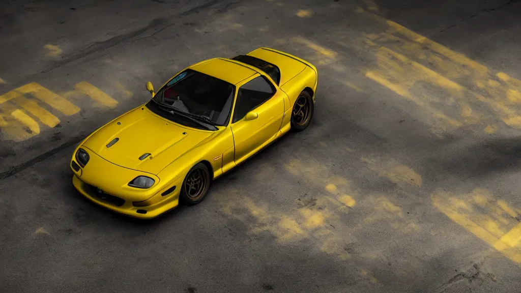 Image similar to a yellow mazda rx 7 with body kit, cinematic, nikon d 7 5 0, long exposure, white balance, 8 k, led, lumen global illumination, fog, ray tracing reflections, fxaa, rtx, post - production